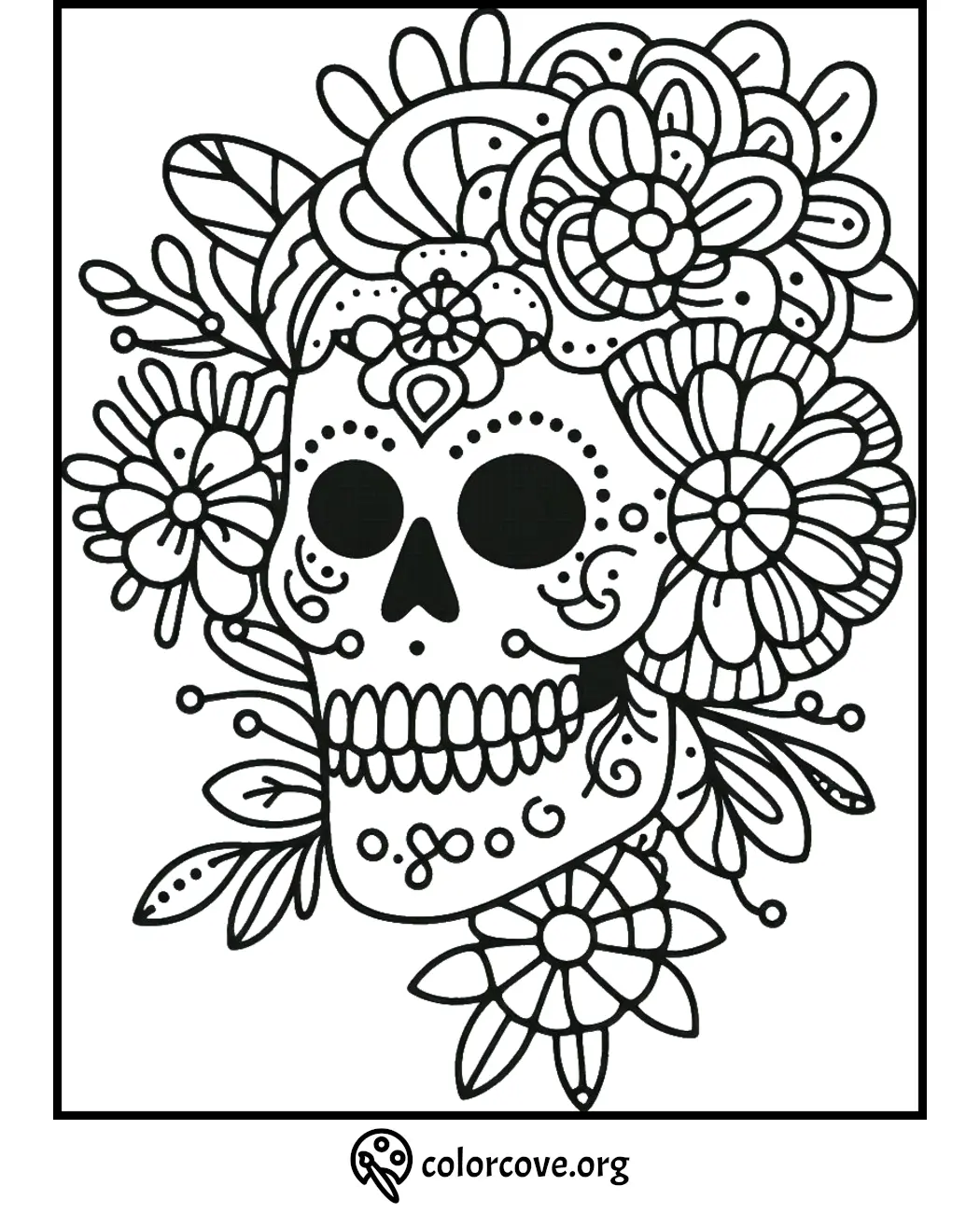 Day of the Dead sugar skull coloring page with intricate floral designs and patterns for kids and adults to color.