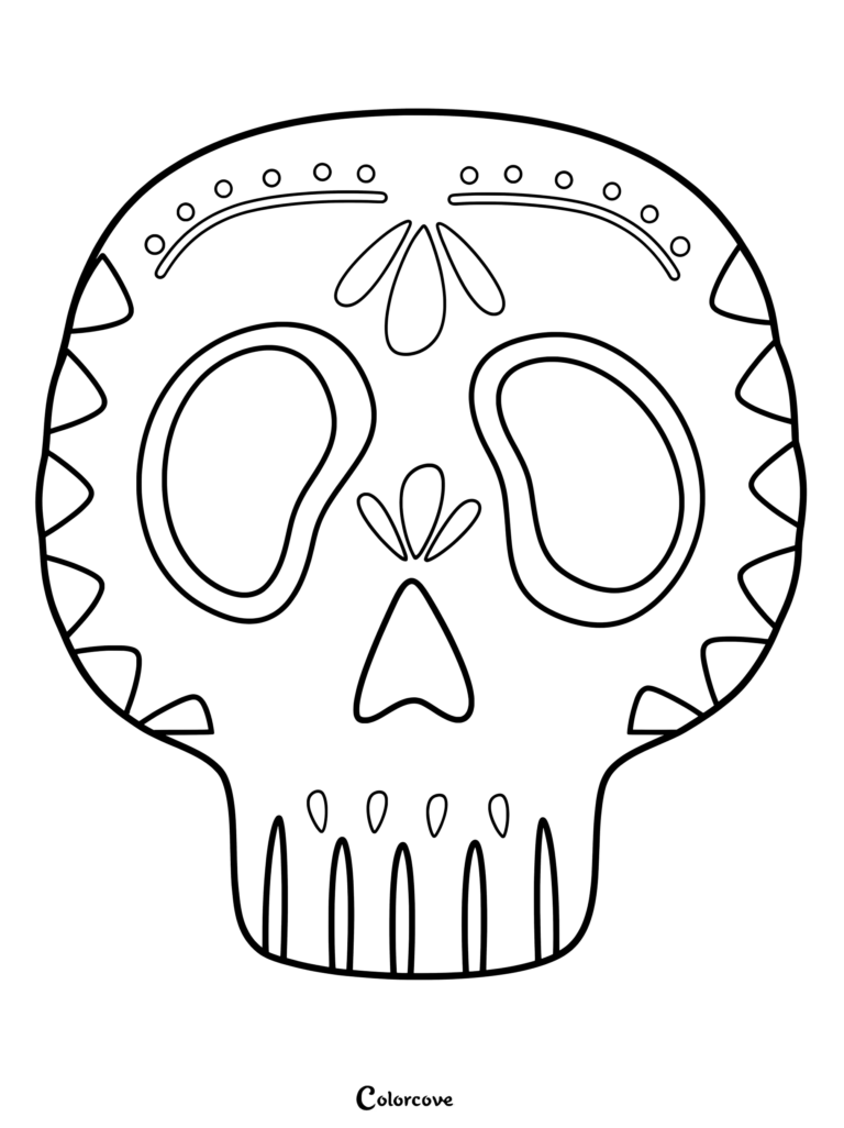 A simple sugar skull coloring page featuring minimalist petal and circle patterns on the forehead and jaw.