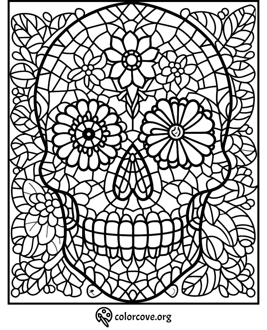 Day of the Dead sugar skull coloring page with intricate floral patterns and designs for creative coloring fun.