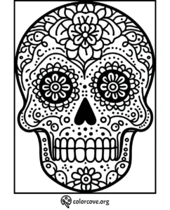 Day of the Dead sugar skull coloring page featuring intricate floral and geometric patterns from colorcove.org.