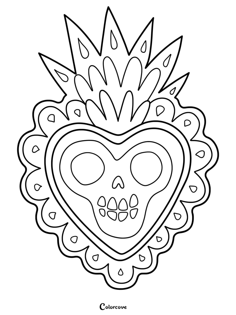 A black and white coloring page featuring a heart-shaped sugar skull with a decorative flame crown and scalloped edges.