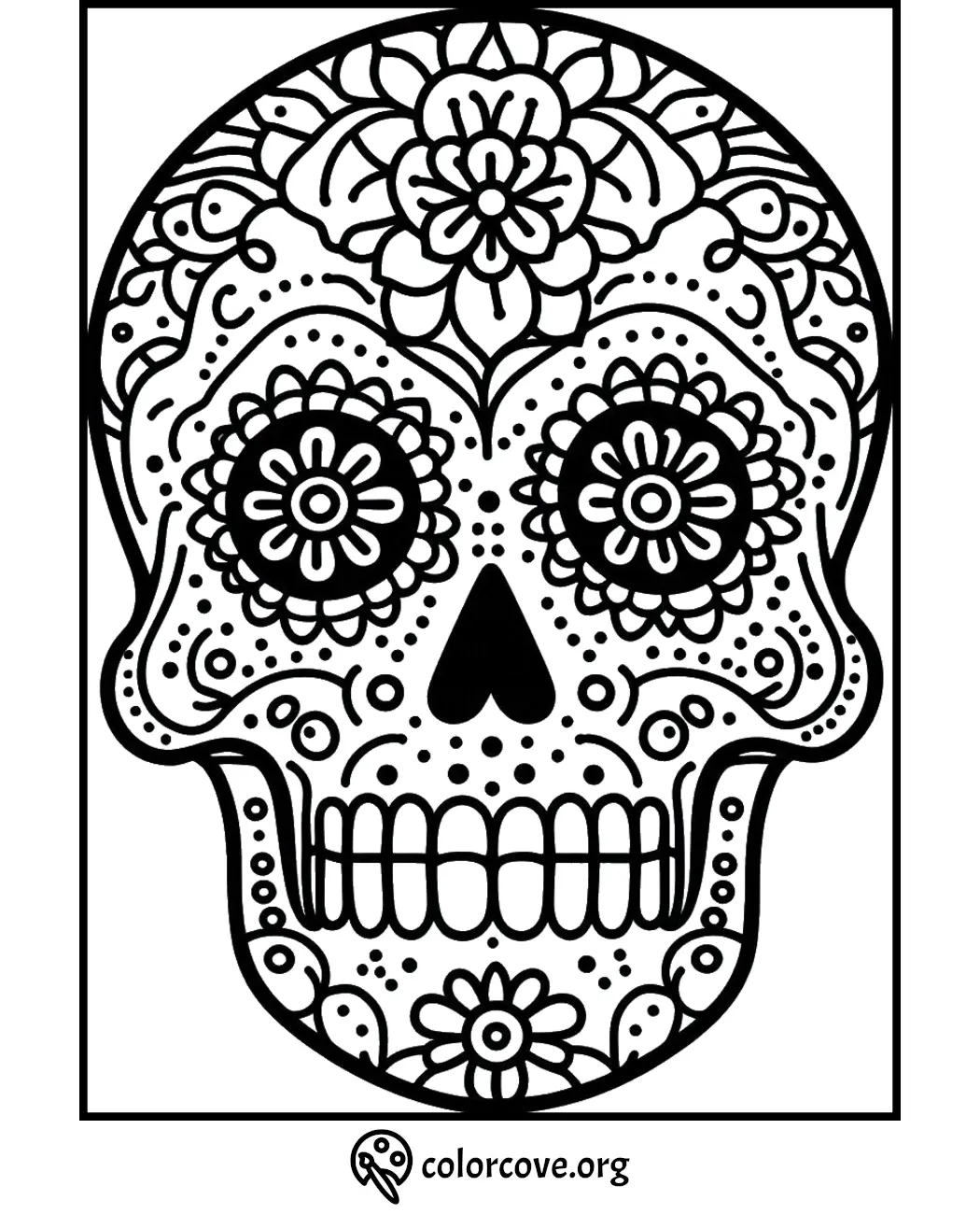 Day of the Dead sugar skull coloring page featuring intricate floral and geometric patterns from colorcove.org.