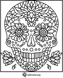 Decorative sugar skull coloring page with intricate floral and geometric patterns from ColorCove.org.