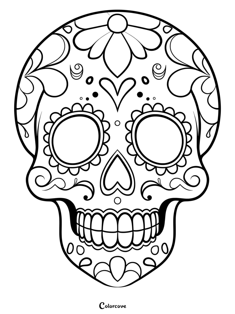 A detailed sugar skull coloring page featuring a large forehead flower, heart-shaped nose, and scalloped eye sockets with intricate scrollwork.