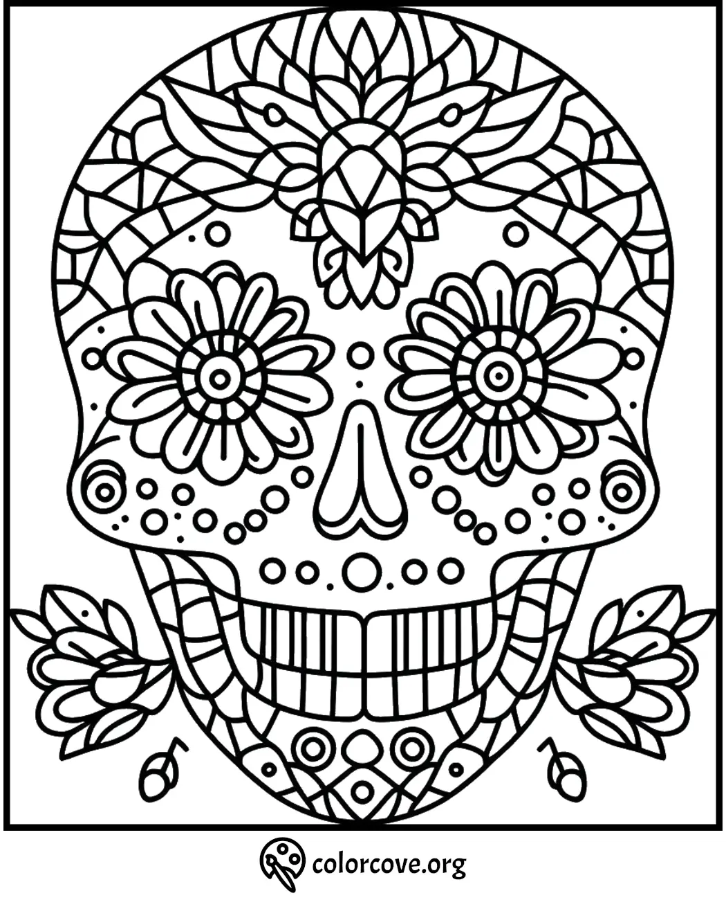 Decorative sugar skull coloring page with intricate floral and geometric patterns from ColorCove.org.