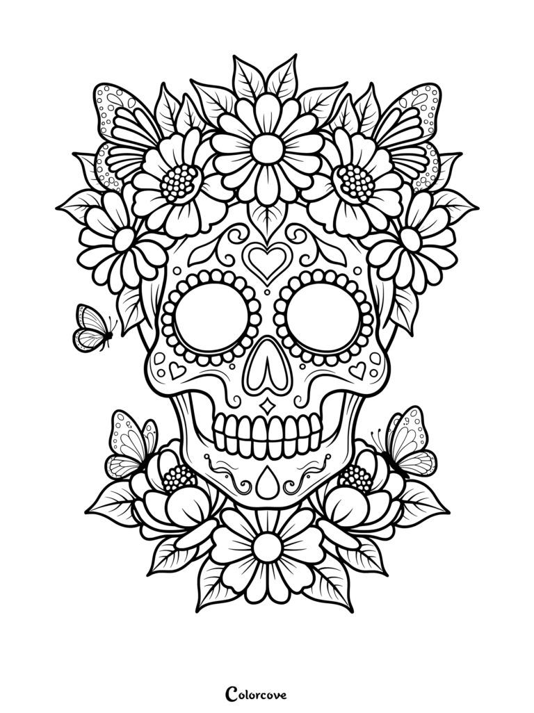 Intricate sugar skull coloring page adorned with large daisies and delicate butterflies.