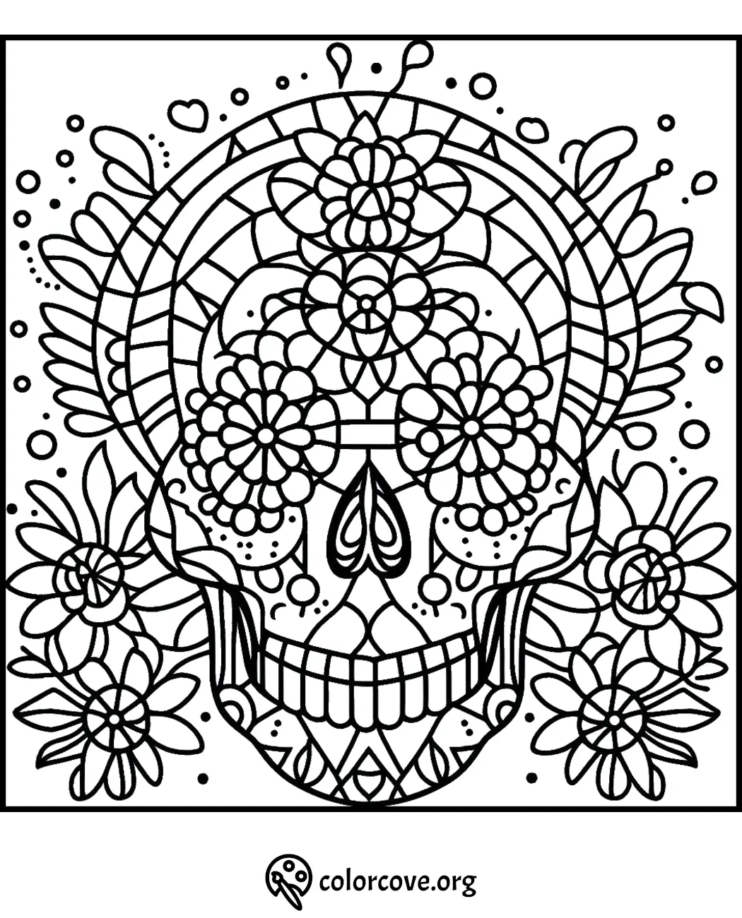 Intricate skull coloring page with floral and geometric patterns, perfect for Dia de los Muertos or Day of the Dead activities.