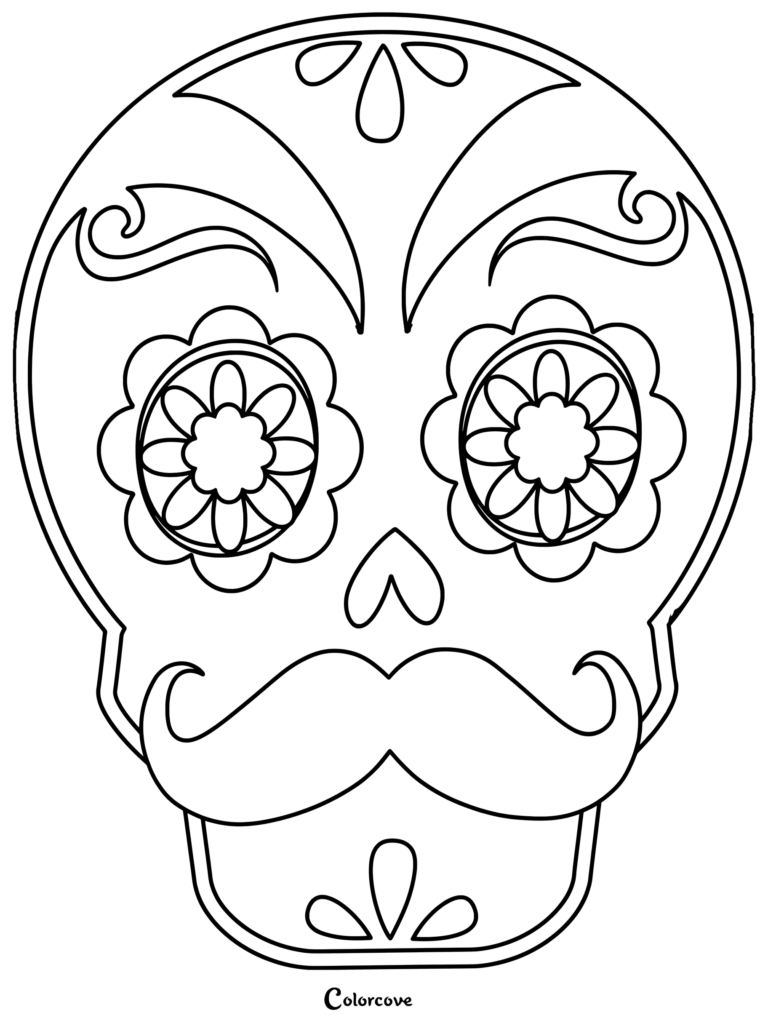 A simple sugar skull coloring page featuring a large handlebar mustache, flower-shaped eye sockets, and decorative teardrop patterns.
