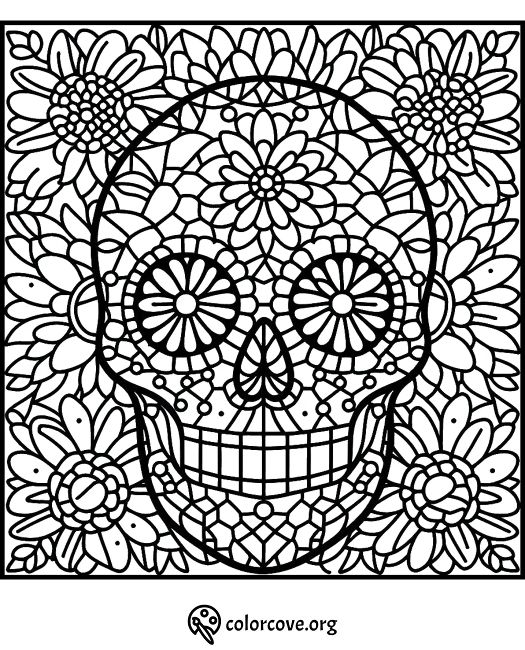 Day of the Dead themed coloring page with an intricately designed sugar skull surrounded by flowers and geometric patterns.