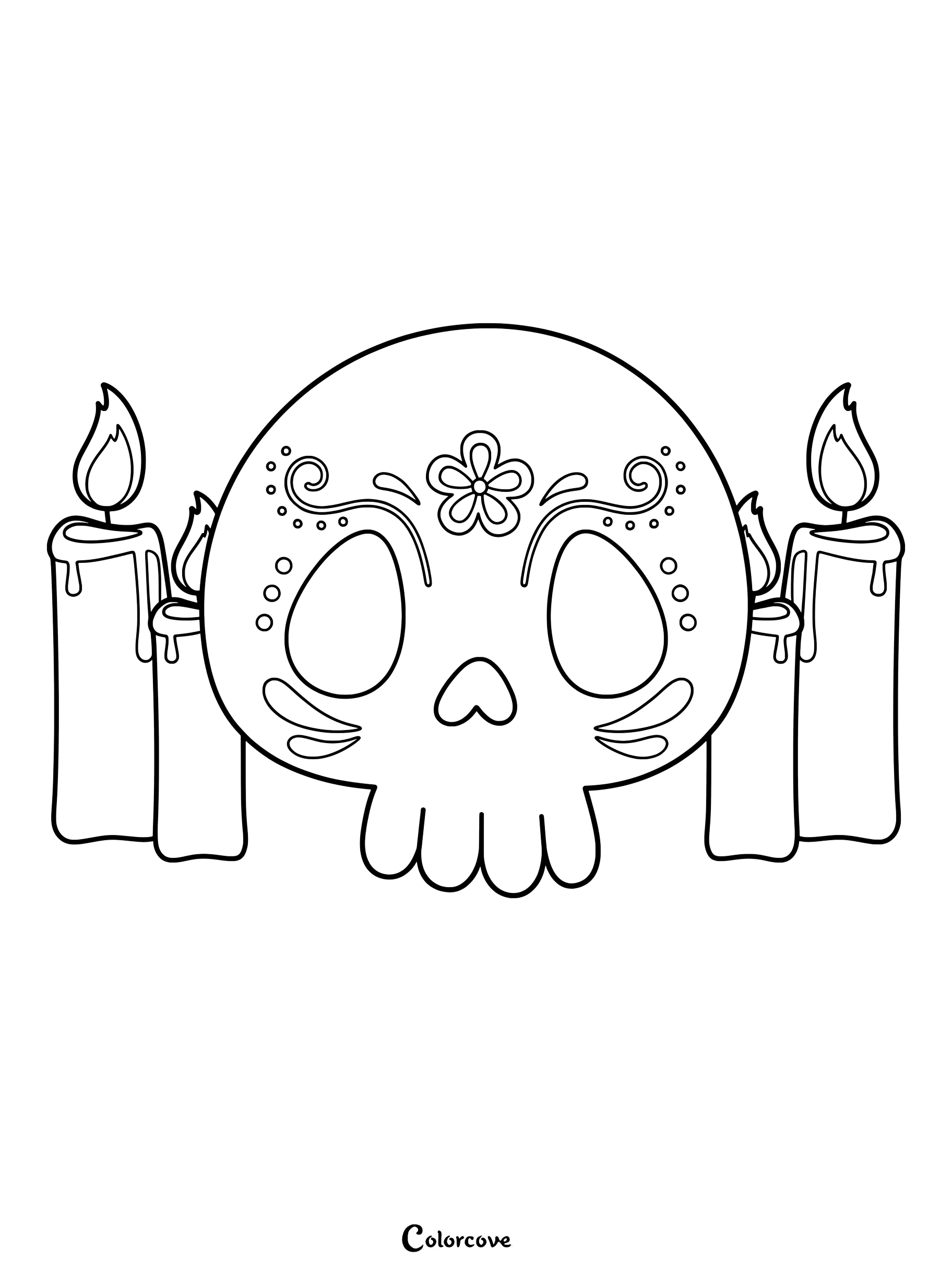 Page de coloriage de crâne mexicain représentant un crâne central orné de motifs floraux, flanqué de deux bougies allumées de chaque côté.