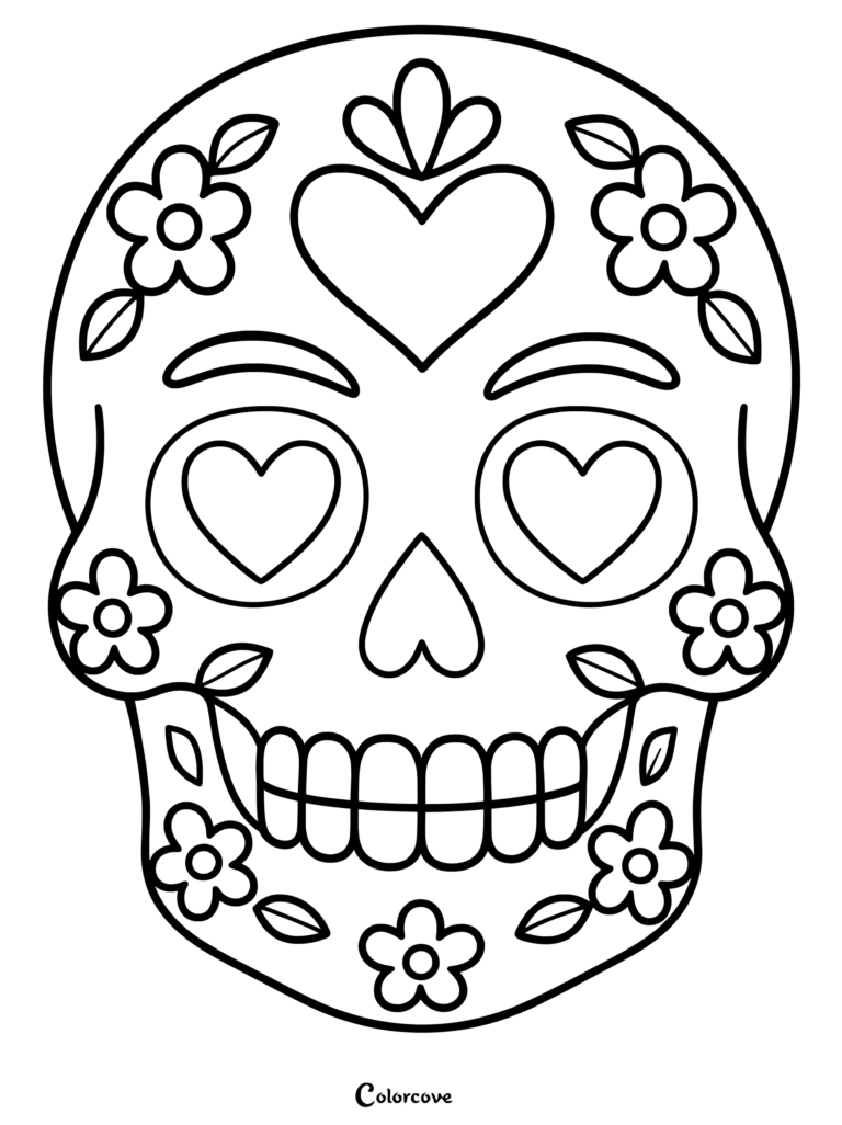 Sugar skull decorated with hearts and flowers.