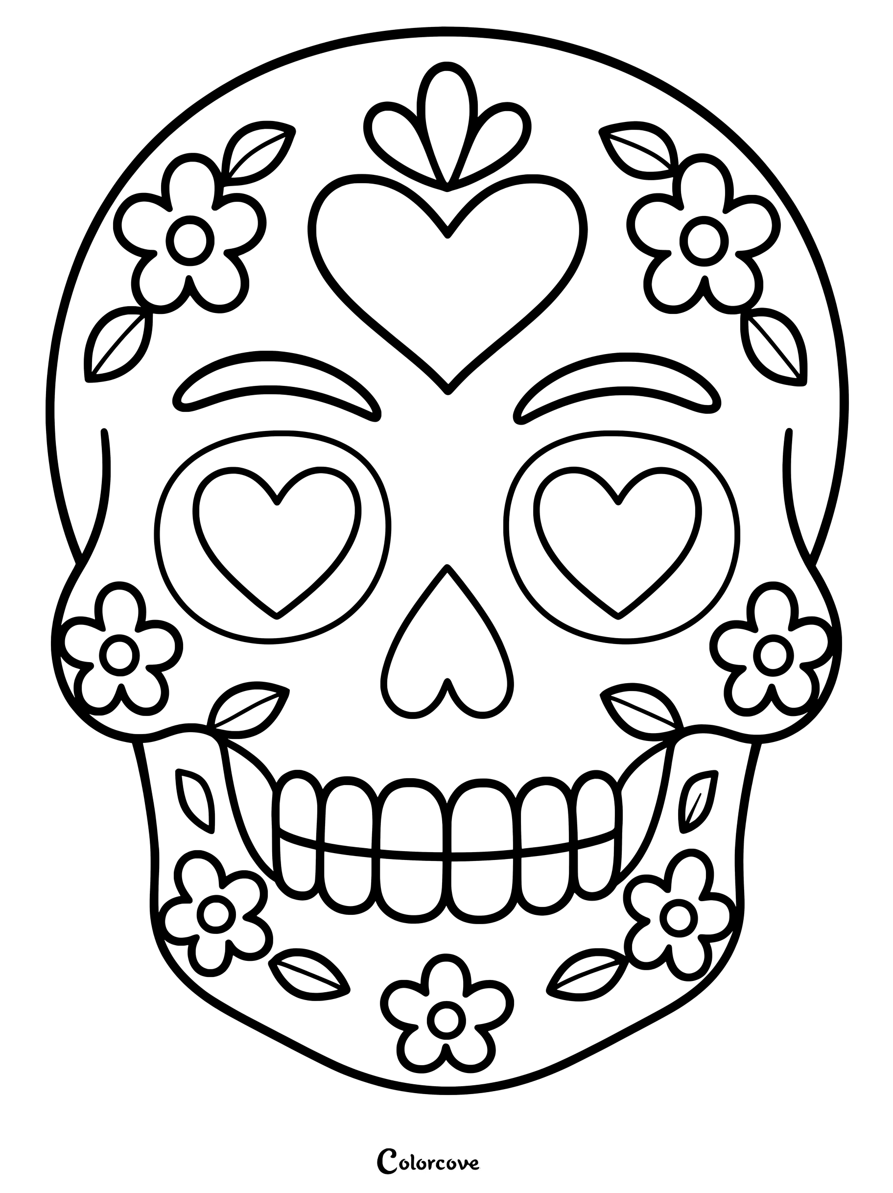 Une page de coloriage de crâne mexicain avec des yeux en forme de cœur, un motif de cœur sur le front et des accents floraux.
