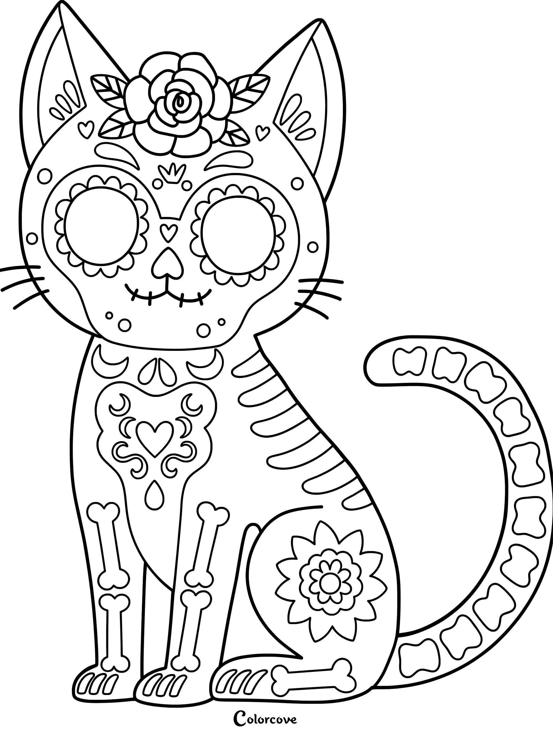 Un adorable chat avec un maquillage de crâne mexicain, une coiffe florale et des motifs d'os sur le corps, dans un format de coloriage à imprimer.