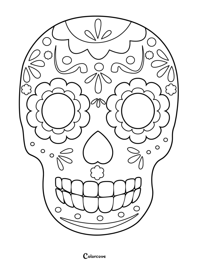 A detailed sugar skull coloring page featuring flower eye sockets and intricate petal patterns on the forehead.