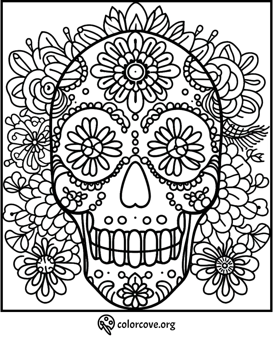 Day of the Dead sugar skull coloring page, intricately designed with flowers, ready for vibrant colors.