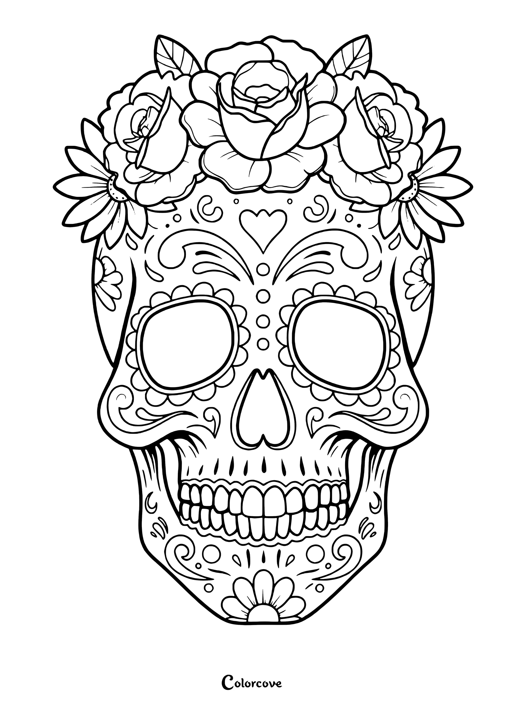 Une page de coloriage détaillée représentant une tête de mort mexicaine ornée d'une couronne de roses et de marguerites aux motifs en filigrane complexes.