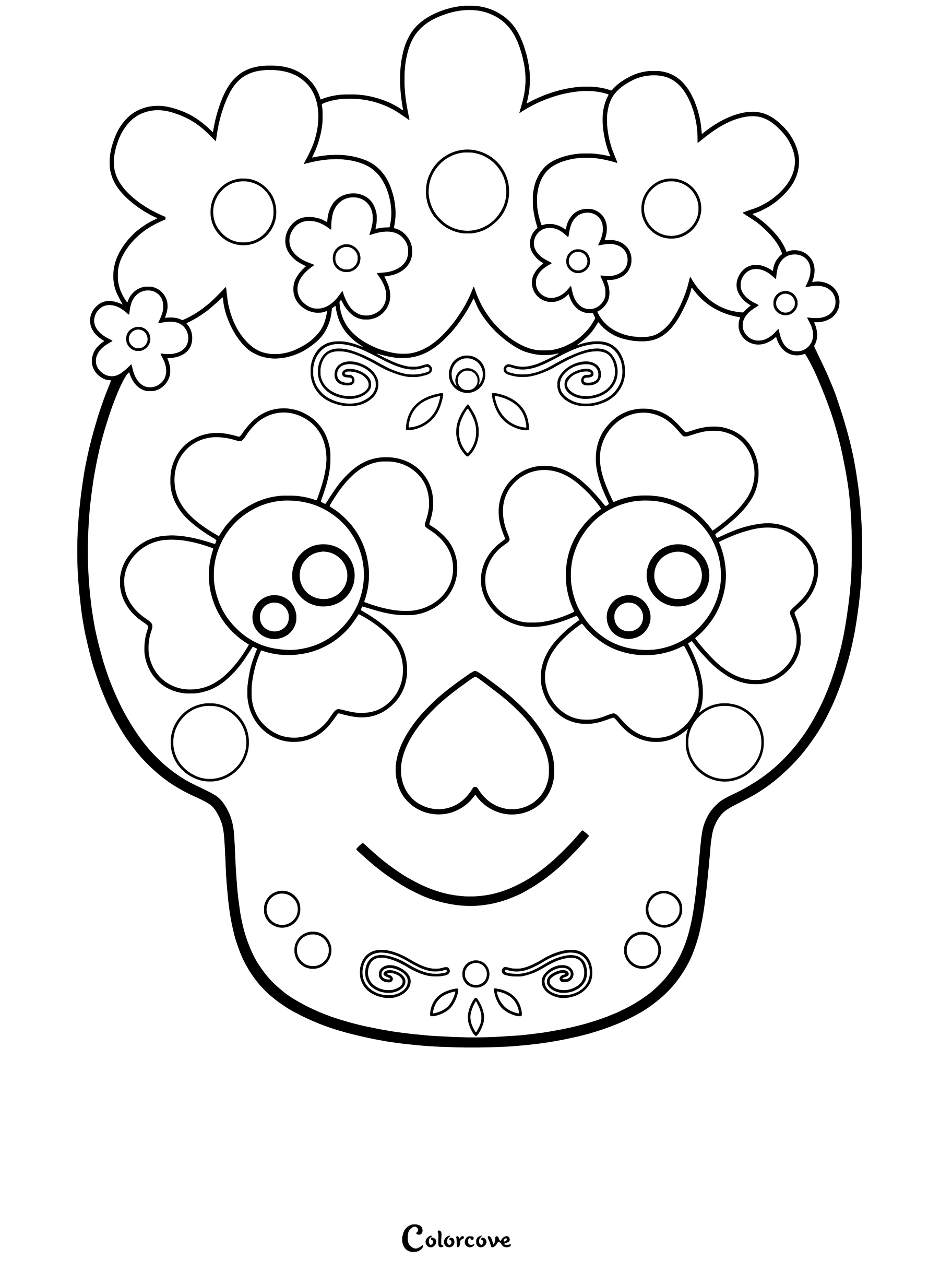 Une simple page de coloriage de crâne en sucre présentant de grandes orbites fleuries et une couronne de fleurs.