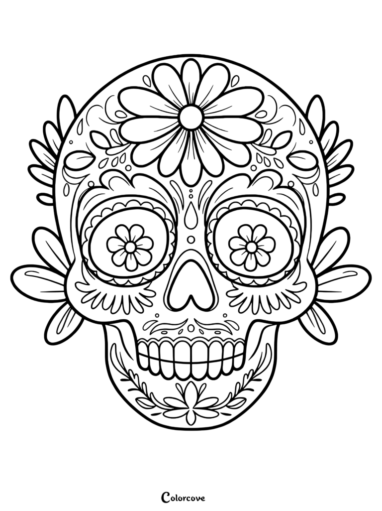 A detailed sugar skull coloring page featuring a large central flower on the forehead, flower-shaped eye sockets, and decorative leaf patterns on the sides.