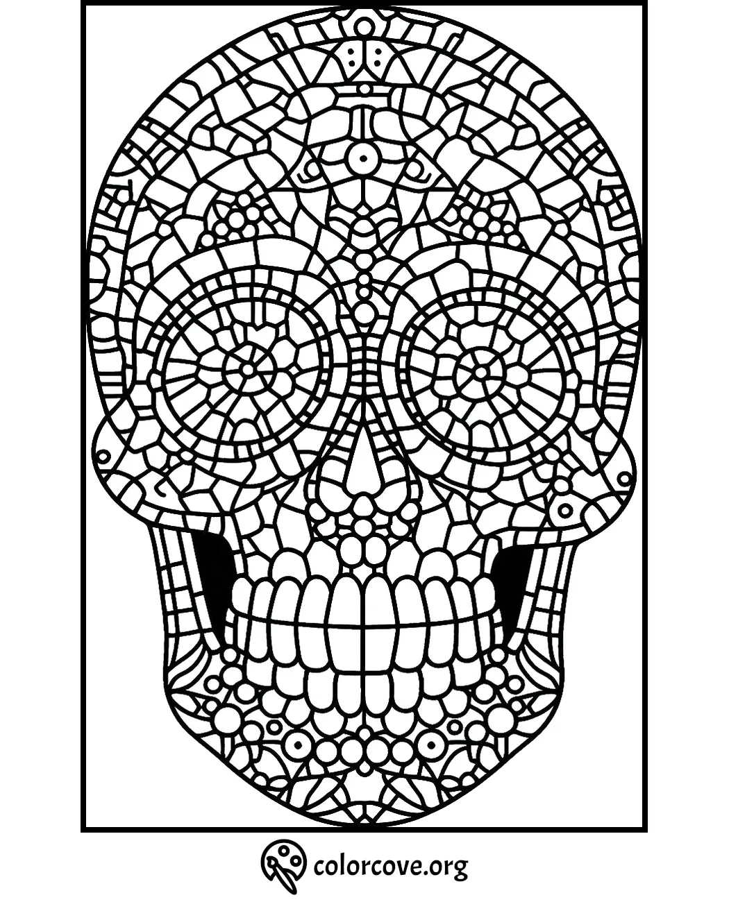 Detailed coloring page featuring an intricate sugar skull design with geometric patterns and floral elements from colorcove.org.