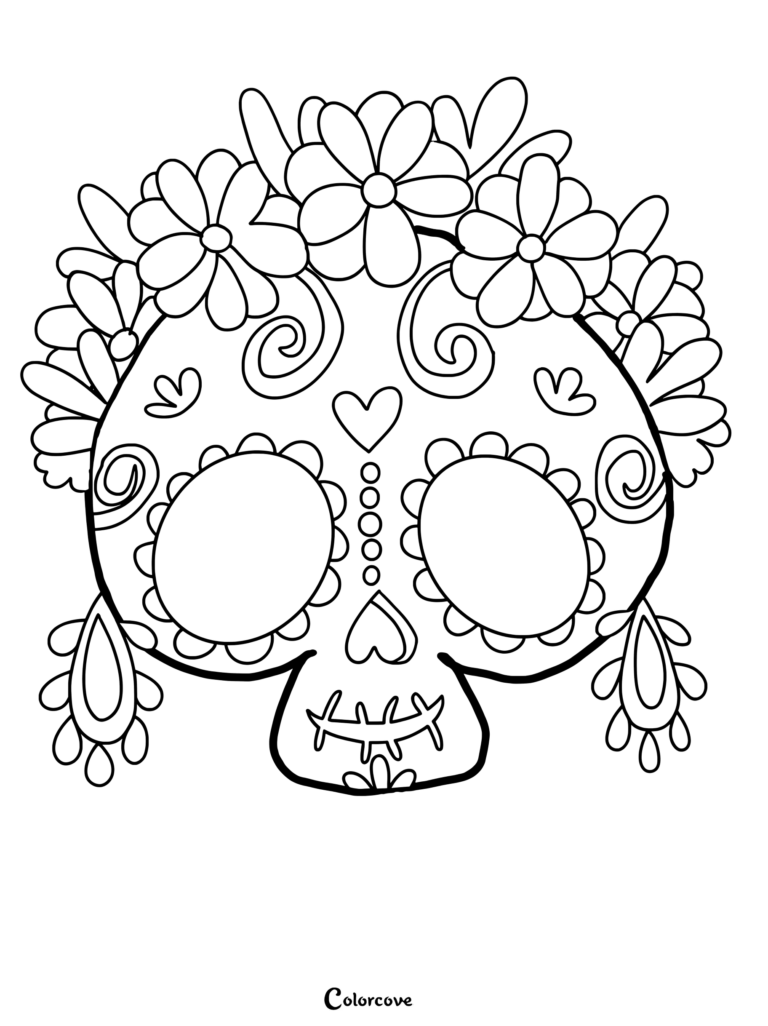 A sugar skull coloring page featuring a crown of flowers, heart-shaped nose, and dangling earrings.