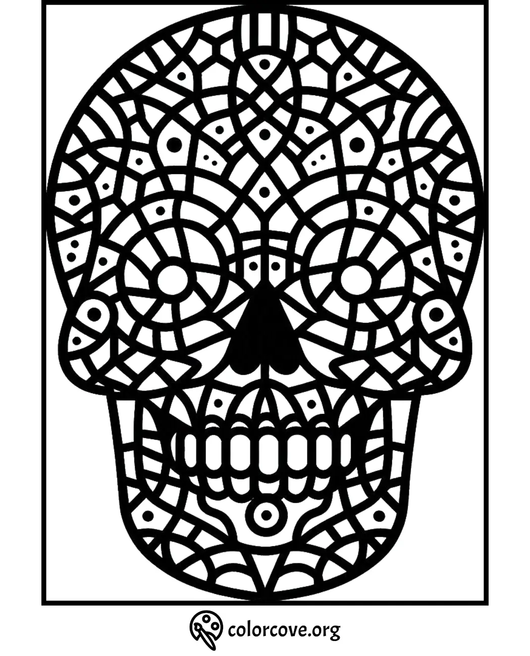 Intricate skull coloring page with geometric patterns from colorcove.org, perfect for creativity and relaxation.