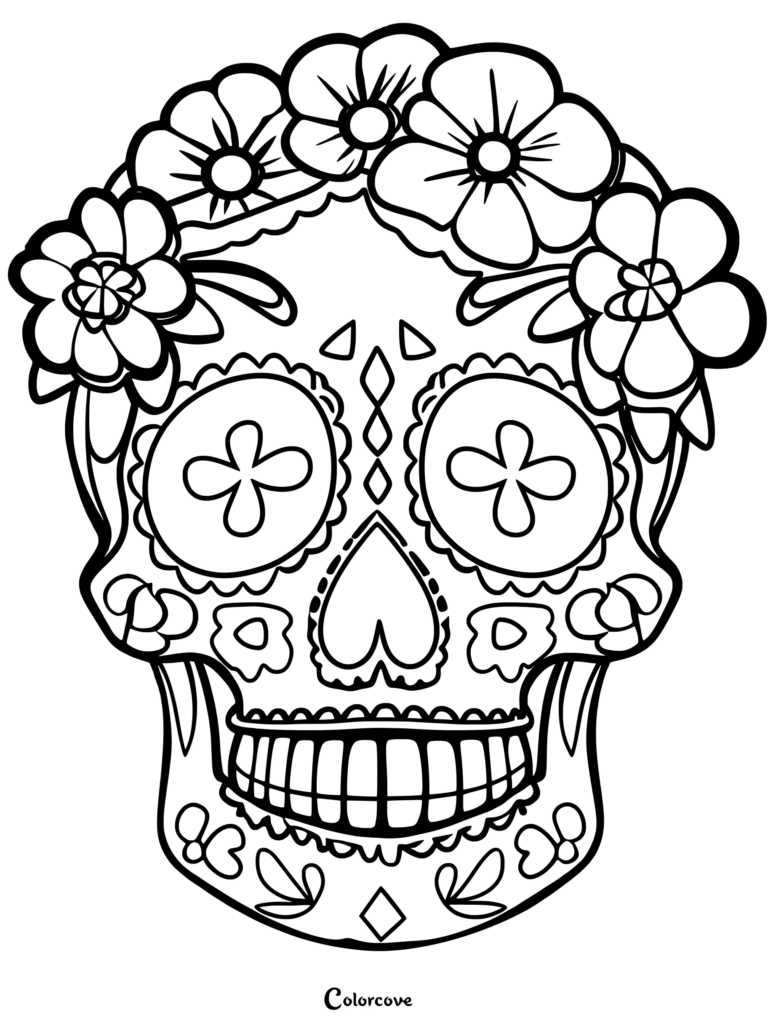 A detailed sugar skull coloring page featuring a crown of large flowers, four-petaled eye sockets, and intricate decorative leaf patterns on the jaw.
