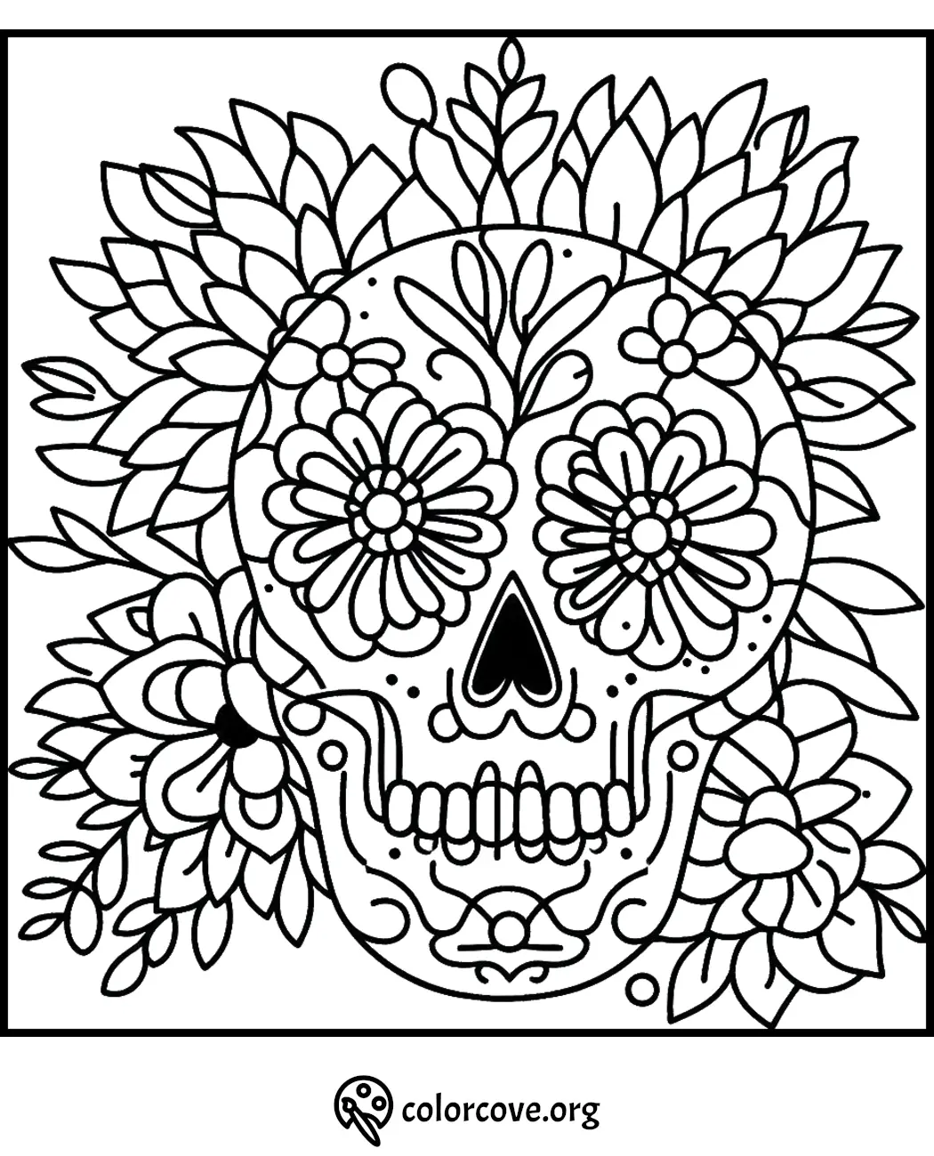 Day of the Dead sugar skull coloring page with floral patterns and decorative elements. Free printable from colorcove.org.