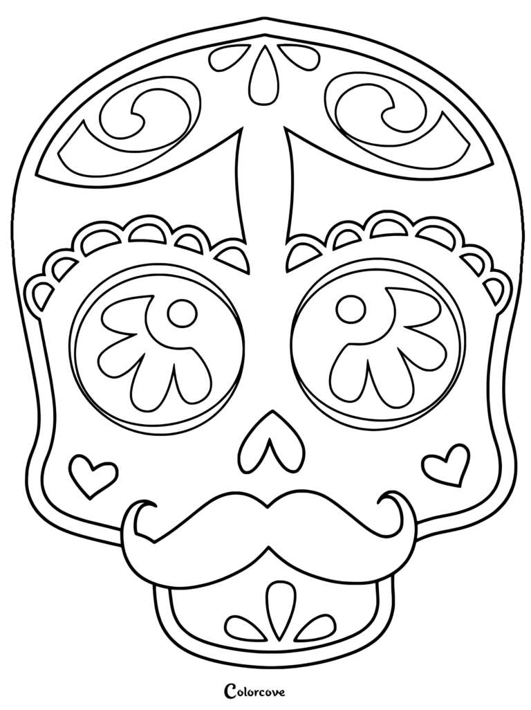 A printable sugar skull coloring page featuring a large mustache, heart-shaped cheeks, and floral eye sockets.