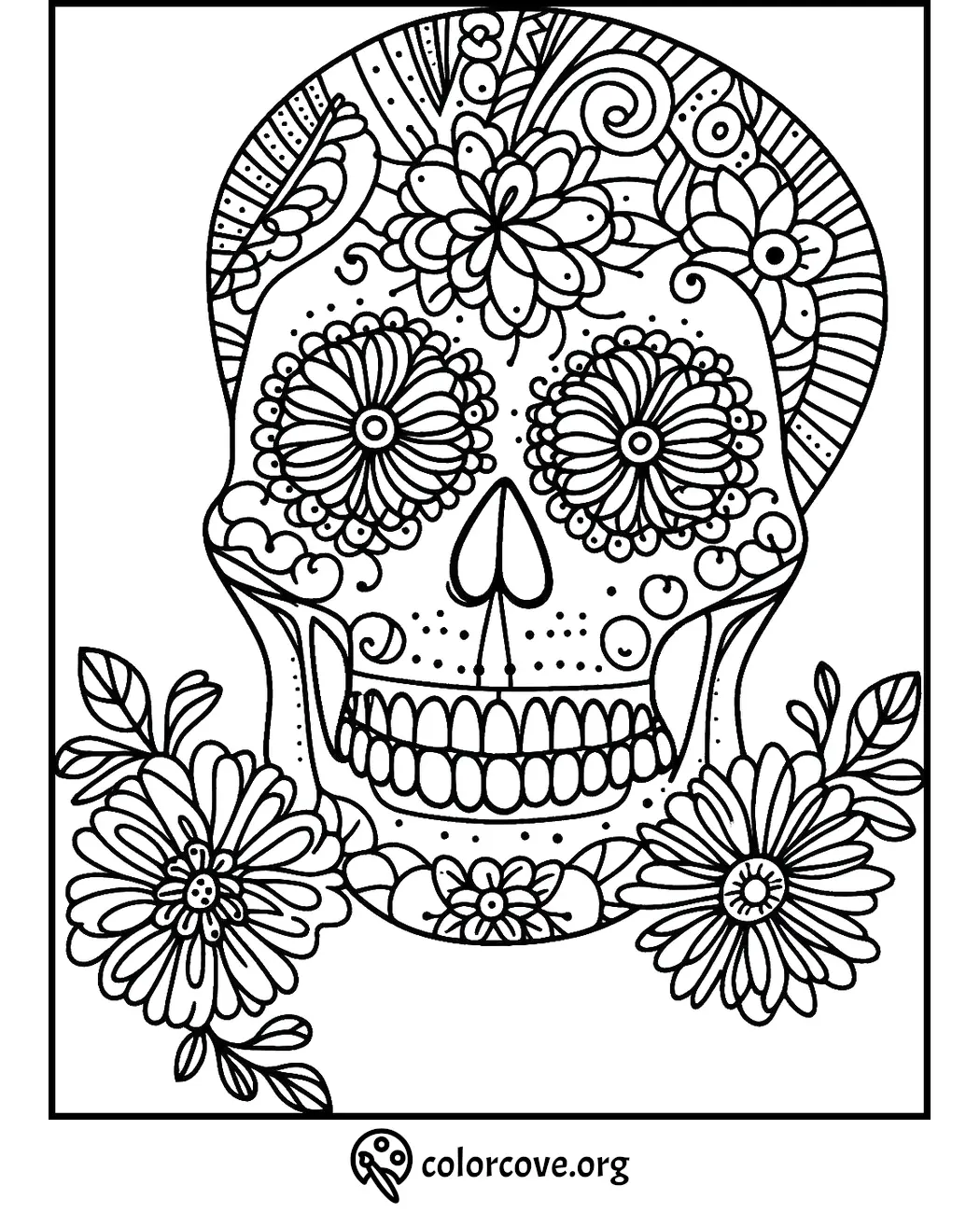 Intricate Day of the Dead sugar skull coloring page with floral and abstract patterns, colorcove.org.