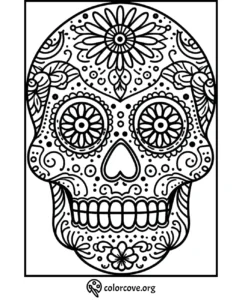 Day of the Dead sugar skull coloring page with intricate floral and geometric patterns for adults and kids - colorcove.org