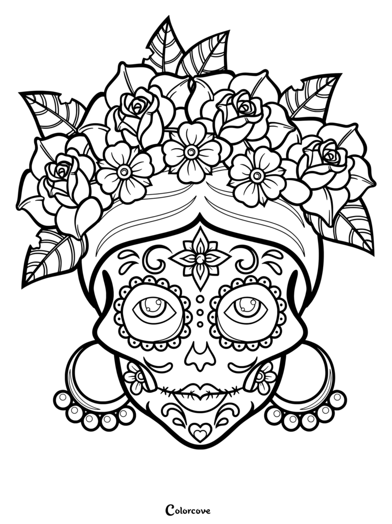 A detailed sugar skull coloring page featuring a woman with a large rose and leaf crown, intricate facial patterns, and dangling hoop earrings.