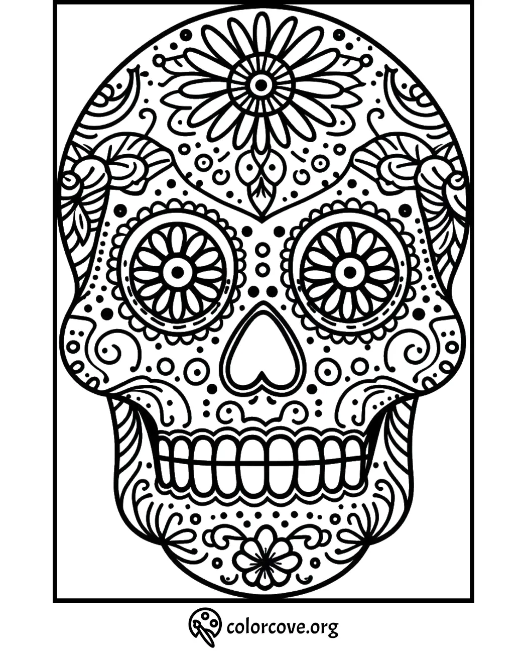 Day of the Dead sugar skull coloring page with intricate floral and geometric patterns for adults and kids - colorcove.org