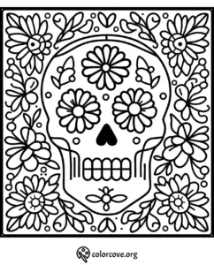 Day of the Dead sugar skull coloring page with floral patterns and intricate designs for kids and adults to color.