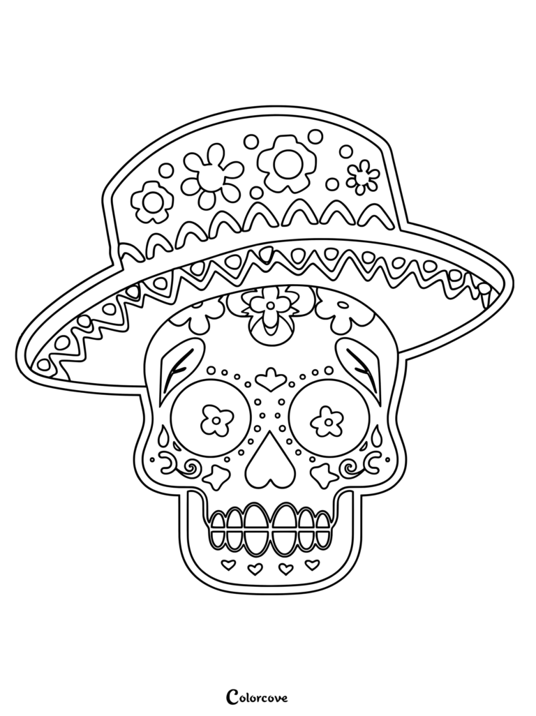 A detailed sugar skull coloring page featuring a wide-brimmed hat decorated with flowers and geometric patterns.