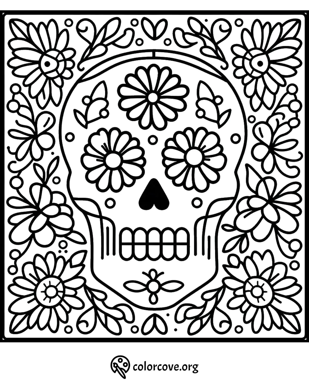 Day of the Dead sugar skull coloring page with floral patterns and intricate designs for kids and adults to color.