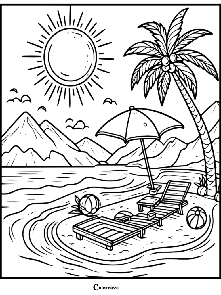 A summer coloring page featuring a tropical beach with a lounge chair, beach umbrella, palm tree, and beach balls under a bright sun.