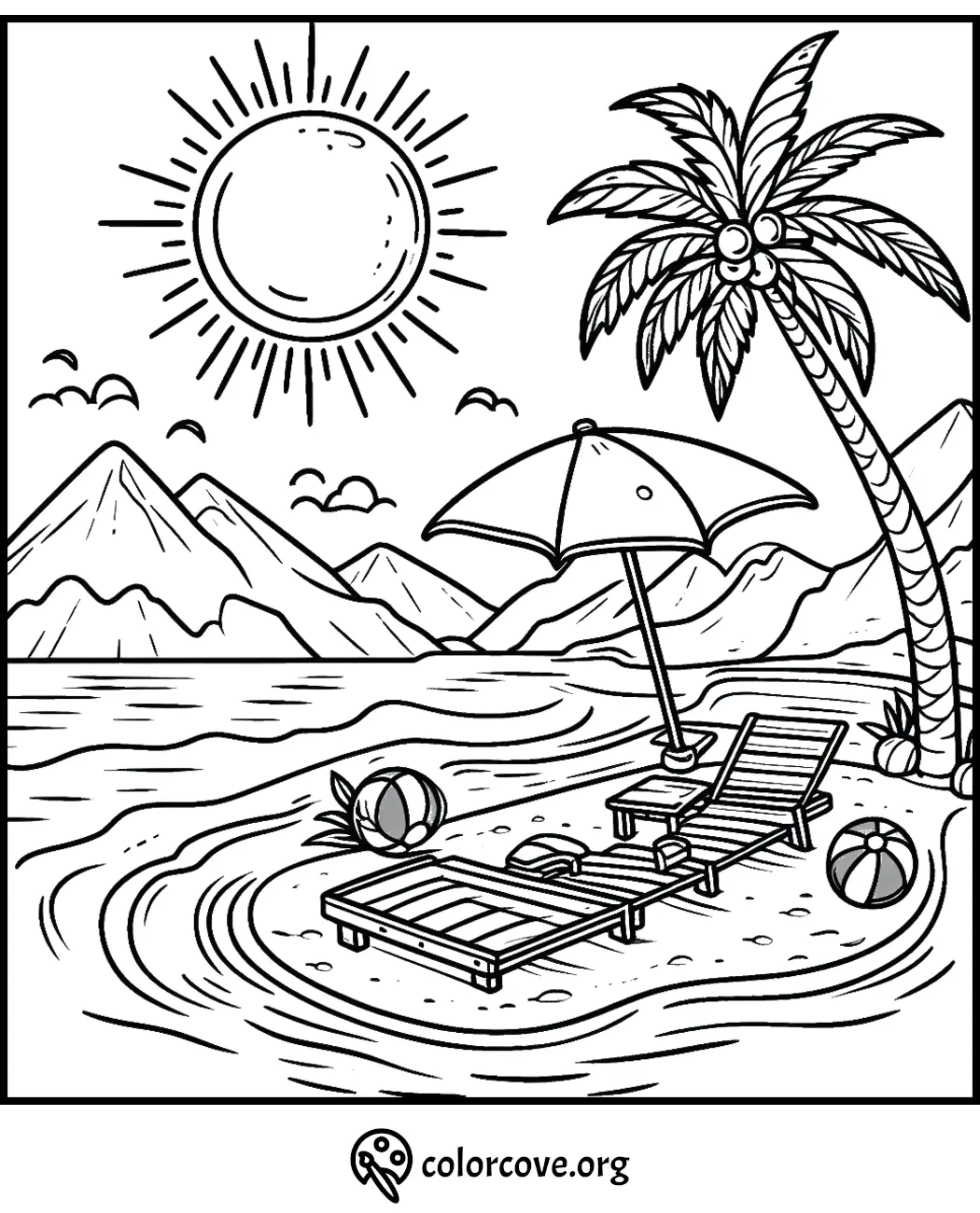 Beach coloring page with sunny sky, palm tree, mountains, lounge chairs, beach ball, and umbrella. By colorcove.org.