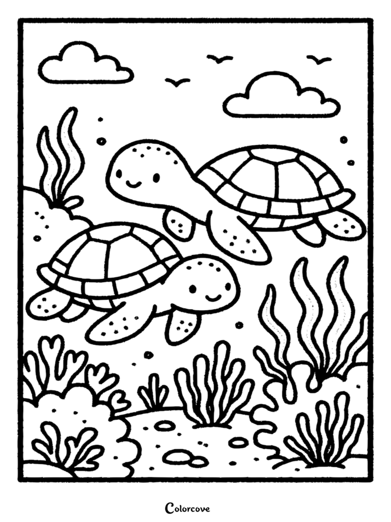 Two cute sea turtles swimming underwater near coral reefs and seaweed in this printable coloring page.