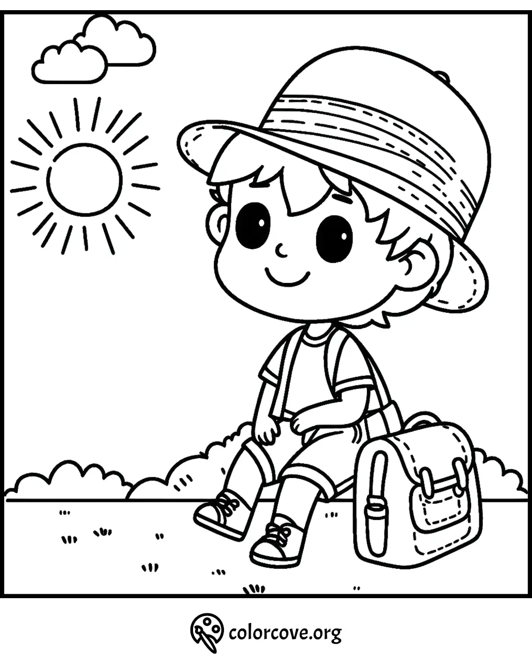 Printable coloring page of a smiling boy with a hat and backpack sitting on grass under the sun and clouds.