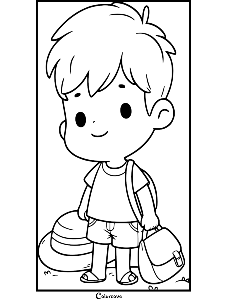 A cute boy with messy hair wearing a t-shirt and shorts, holding a satchel with a sun hat nearby, line art coloring page.