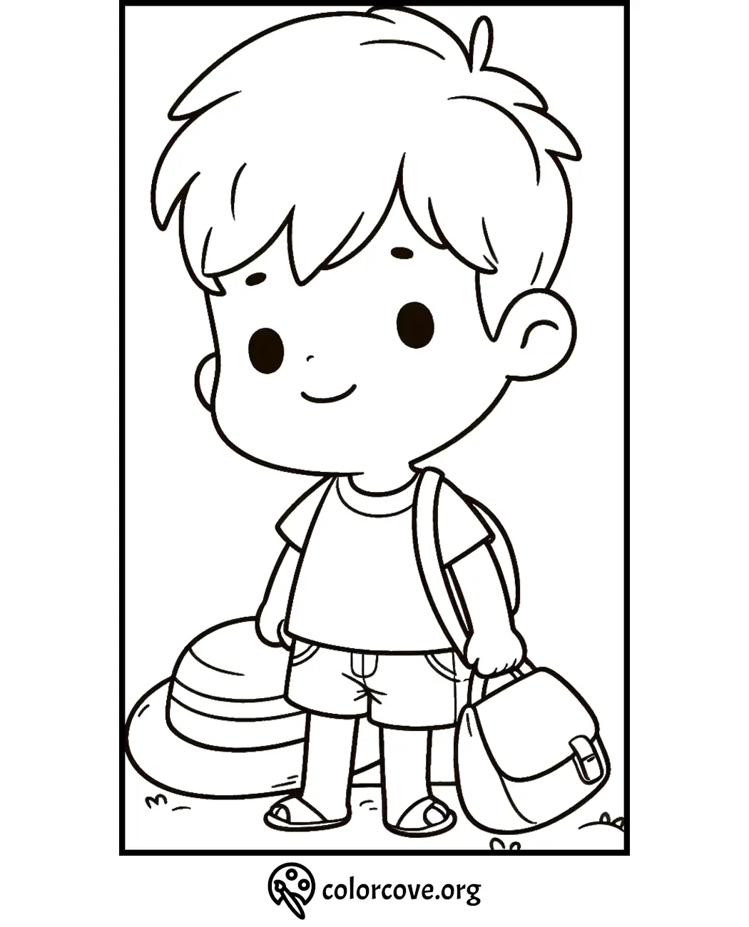 Coloring page of a smiling boy with a backpack and duffle bag, ready for adventure. Download at colorcove.org.