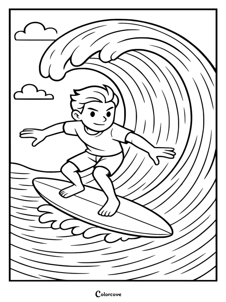 A young boy balancing on a surfboard while riding a large curling ocean wave in this summer-themed coloring page.