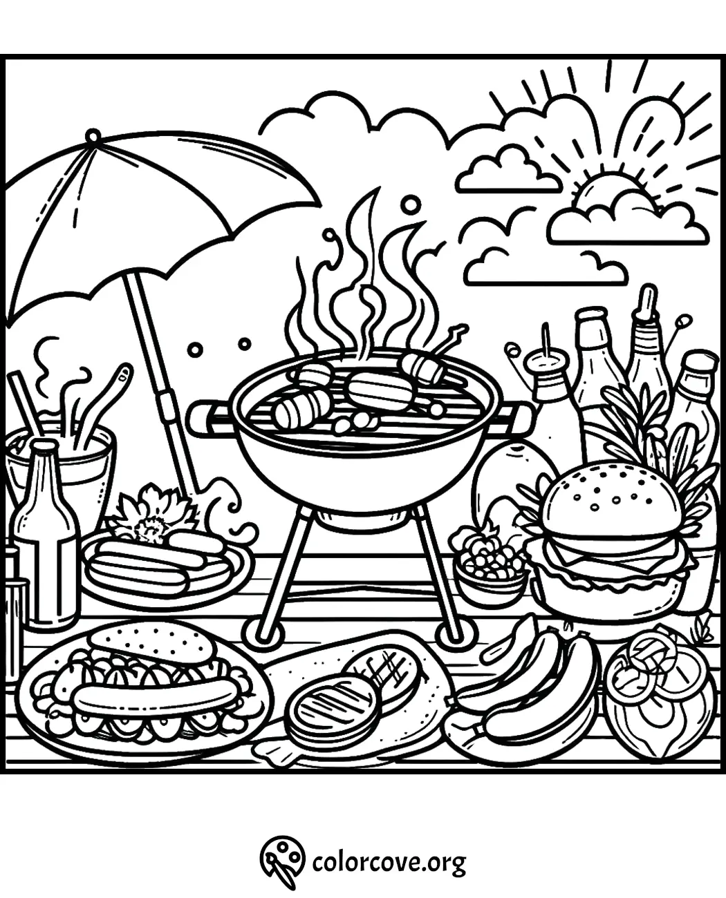 Barbecue picnic coloring page with grill, hotdogs, burgers, drinks, umbrella, sunny sky. Perfect for kids' outdoor fun coloring.