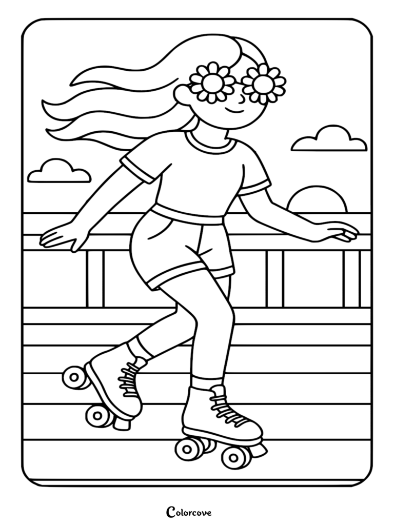 A girl wearing flower-shaped sunglasses roller skating on a boardwalk at sunset, printable coloring page.