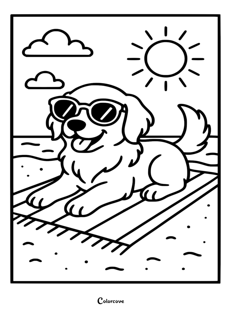 A happy golden retriever wearing sunglasses resting on a beach towel under a bright sun, coloring page style line art.