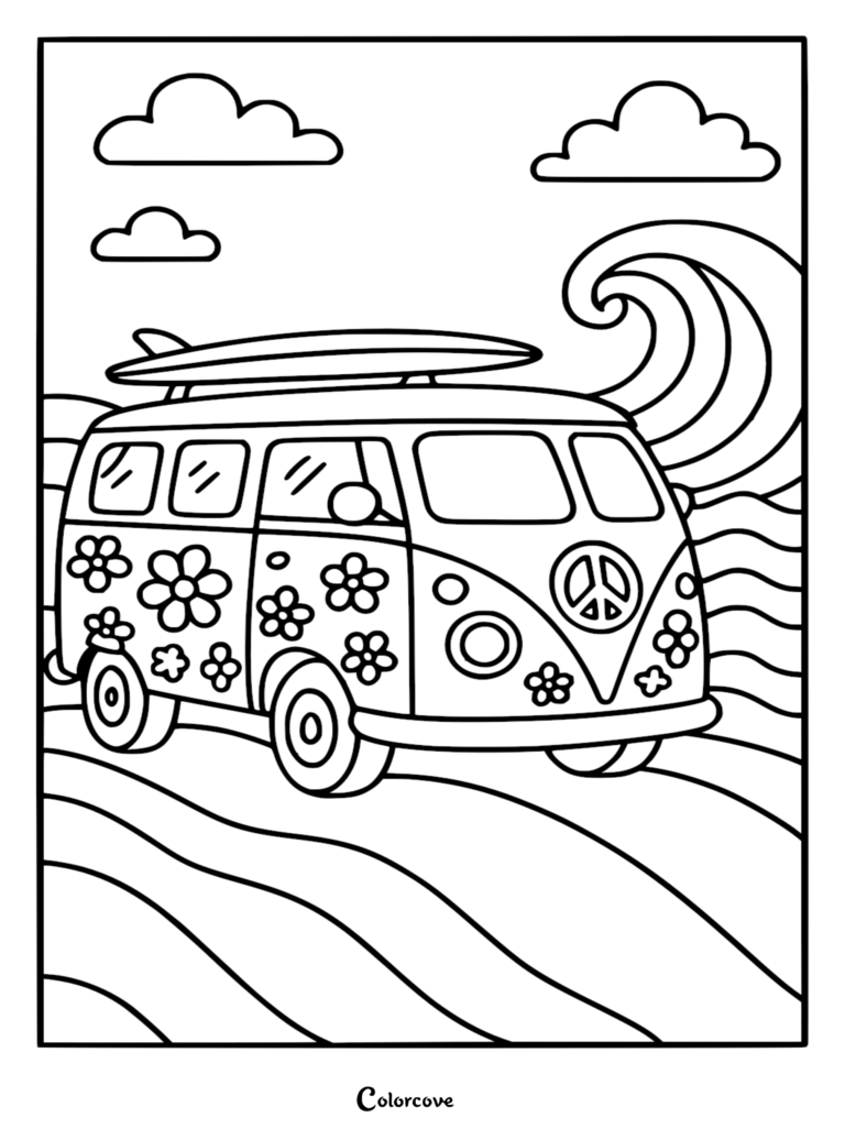 A vintage hippie van with flower decals and a surfboard on the roof parked on a beach, featured in this summer coloring page.