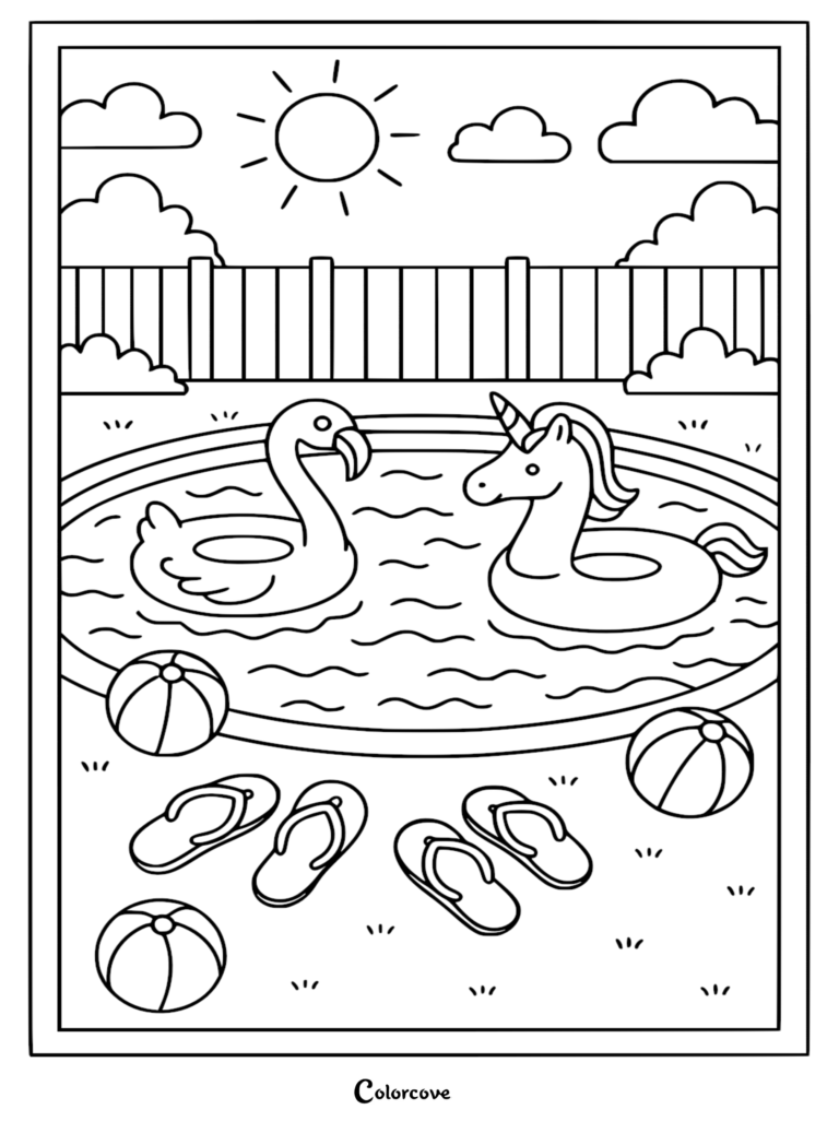A summer coloring page featuring a flamingo and unicorn pool float in a backyard swimming pool with beach balls and flip-flops.