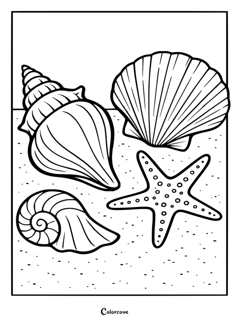 A printable coloring page featuring a spiral conch shell, a fan-shaped scallop shell, a small snail shell, and a spotted starfish resting on sandy beach ground.
