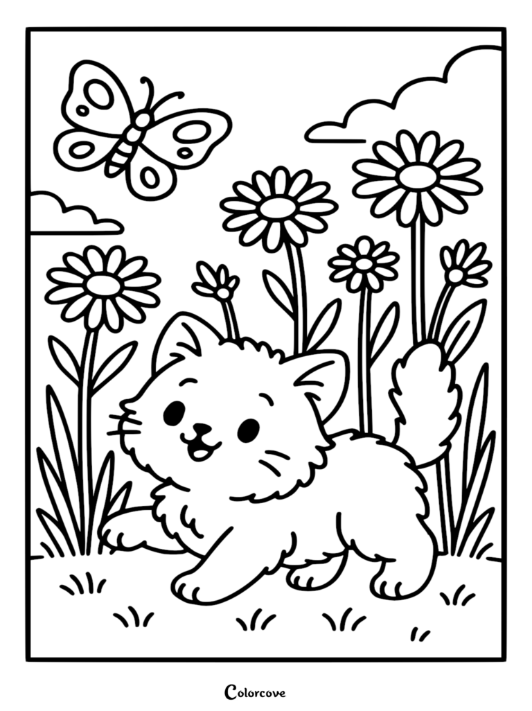 A fluffy kitten walking through a field of daisies with a butterfly flying above in this summer-themed coloring page.