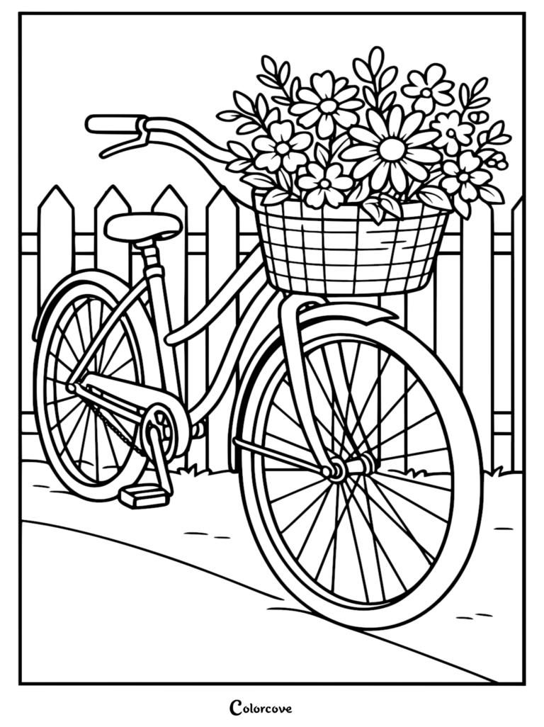 A vintage bicycle with a basket full of daisies parked in front of a wooden picket fence, coloring page.